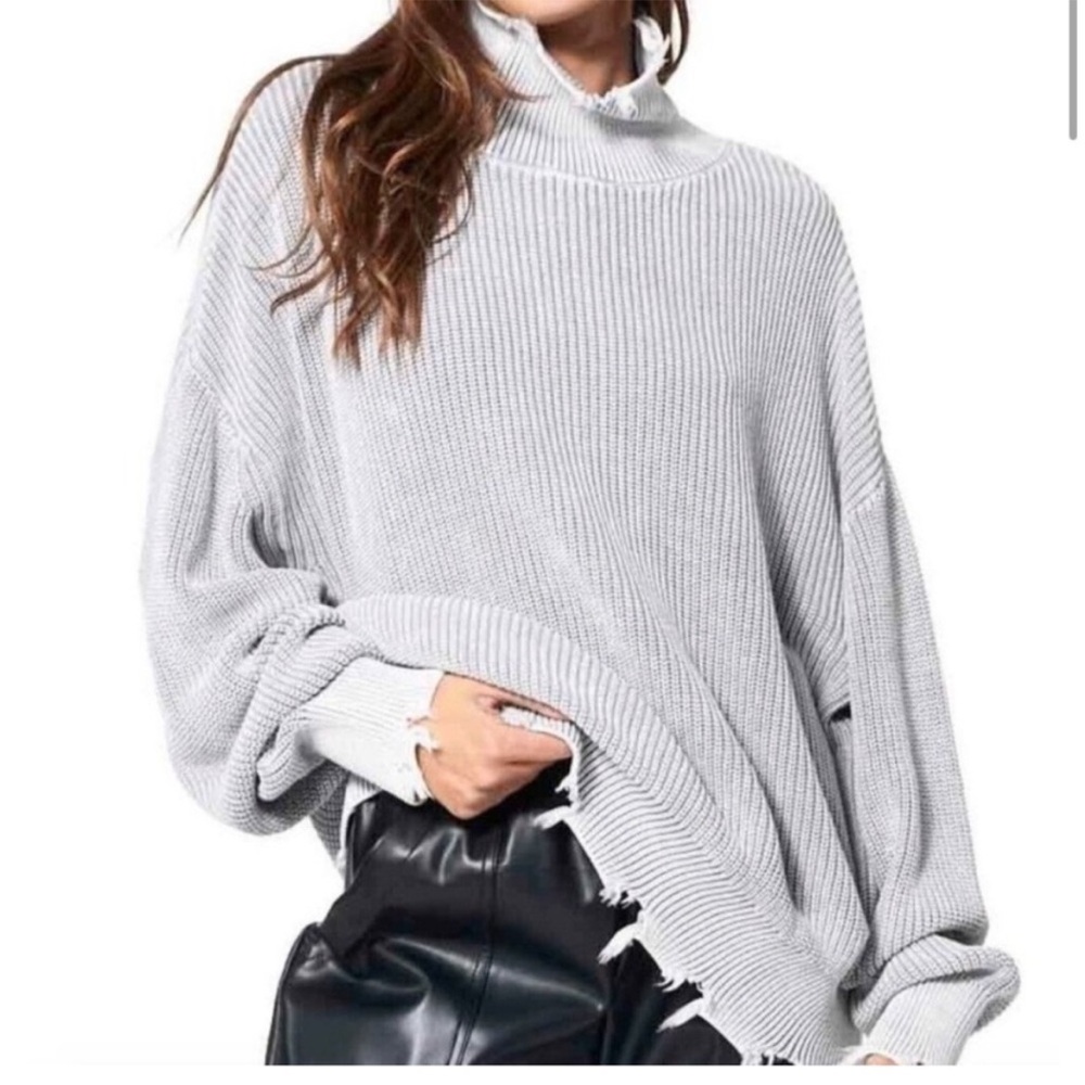 Young Fabulous & Broke Cameron Gray Distressed High Low Turtleneck Sweater S/M